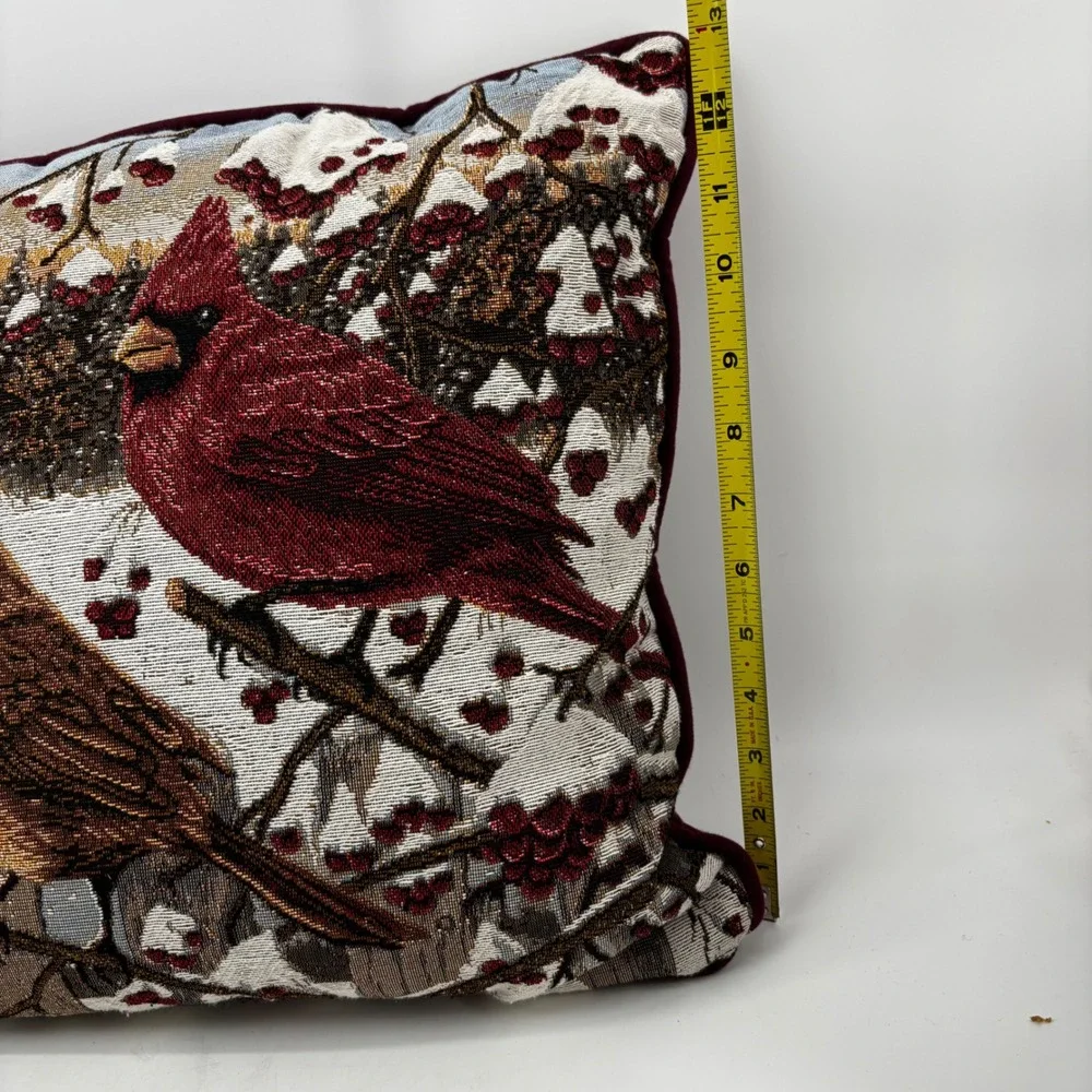 Winter Cardinal Woven Tapestry Throw Pillow Red Bird Holiday Decor 12.5x12.5